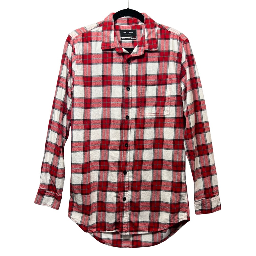 PacSun Flannel Shirt Medium Red‎ White Plaid Long Sleeve Button Up Longer Fit